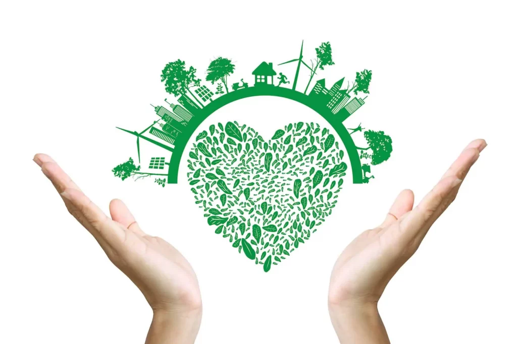 Image of hands holding the world and a heart depicting importance of carbon footprint