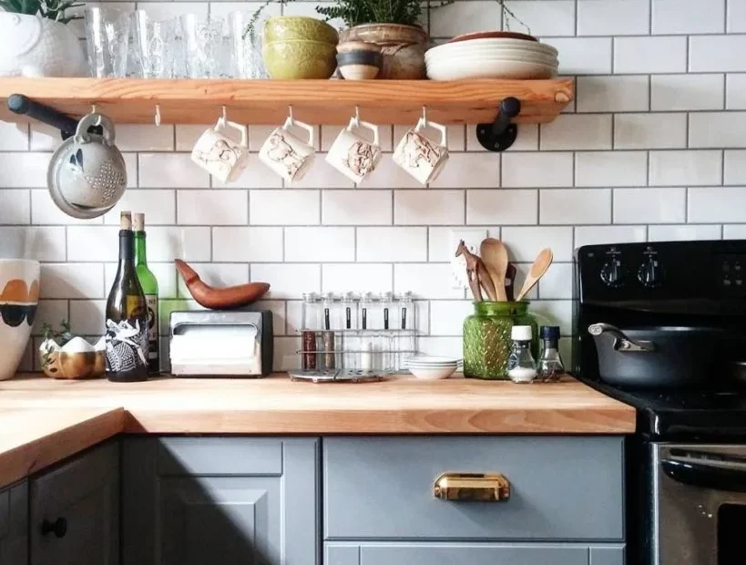 open shelving in a kitchen