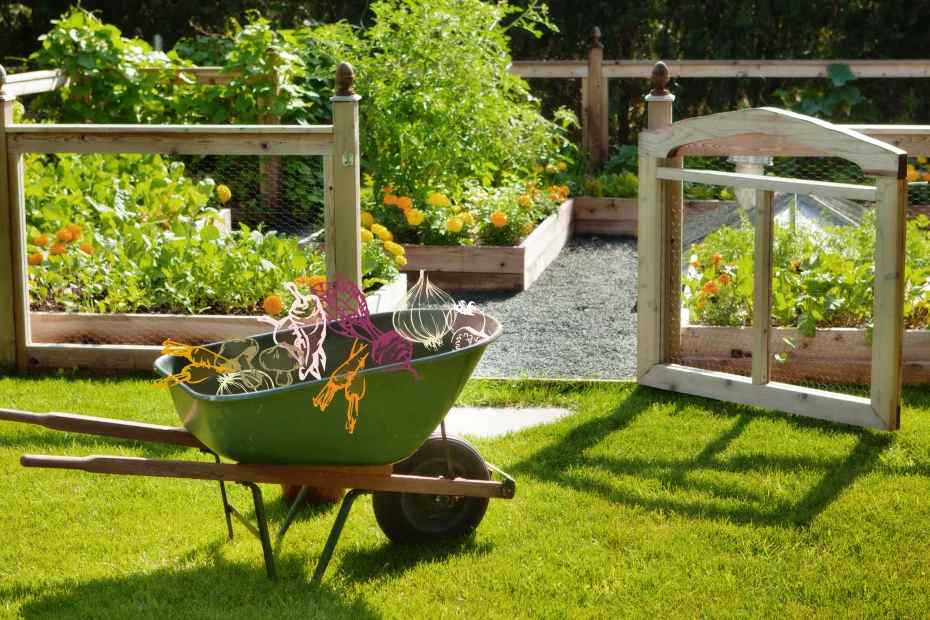 Garden with wheelbarrow for garden improvements