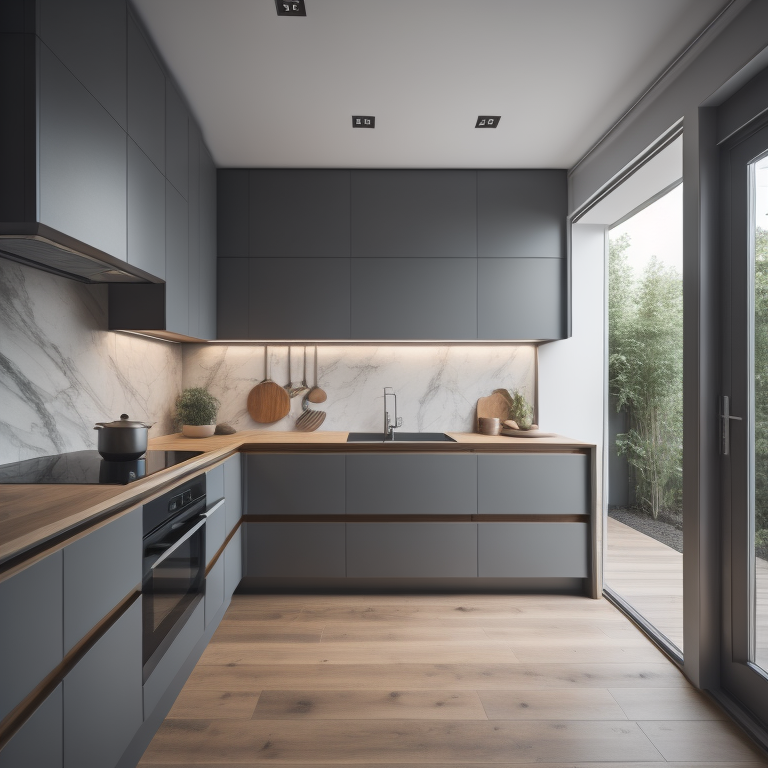 Grey kitchen with wood counter tops and floor