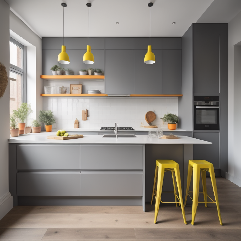 Grey kitchen with yellow furniture 