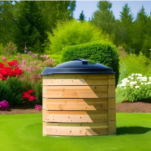 Wooden compost bin in garden