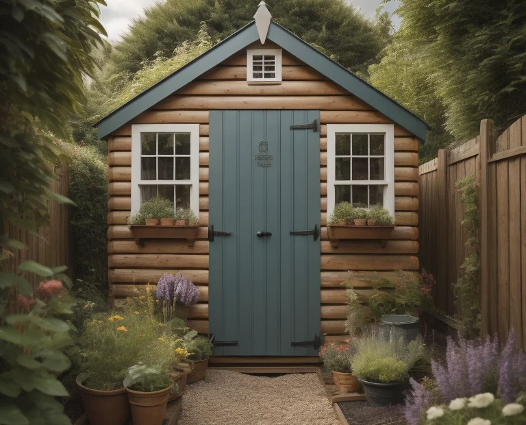 Cabin/Garden shed with painted door and windows