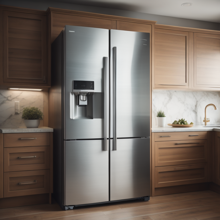 silver smart refrigerator in fitted kitchen 