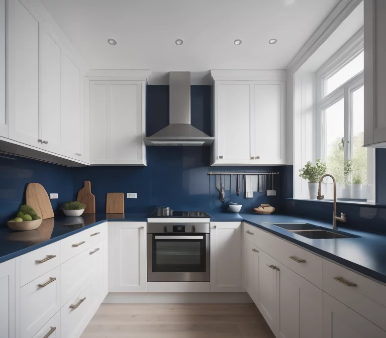 white kitchen cabinets with blue counter top