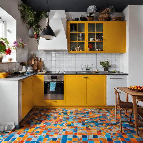 Kitchen with yellow and white cabinets with a colourful mosaic style tiled floor