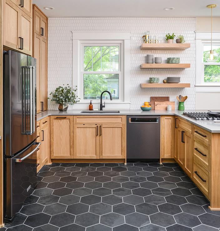 black hexagon tiles in kitchen