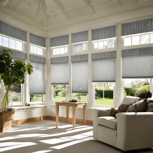 grey blinds in a conservatory room