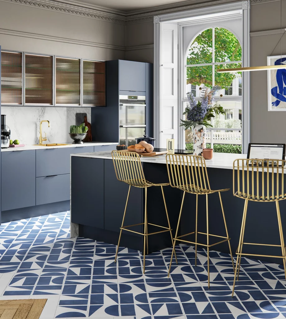 standout eye catching blue and white kitchen floor tiles