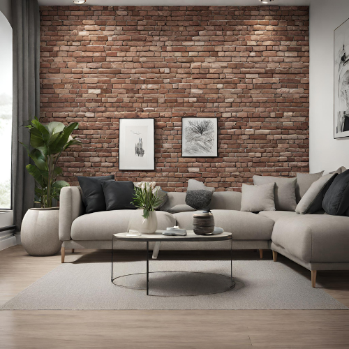 Brick effect tiles used as accent wall in living room with grey sofa