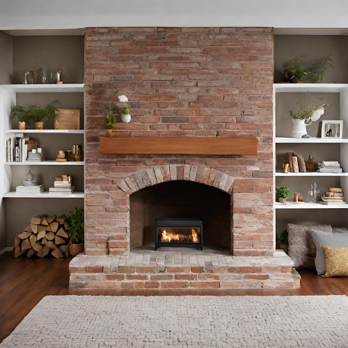 Large fireplace in living room with brick style surround