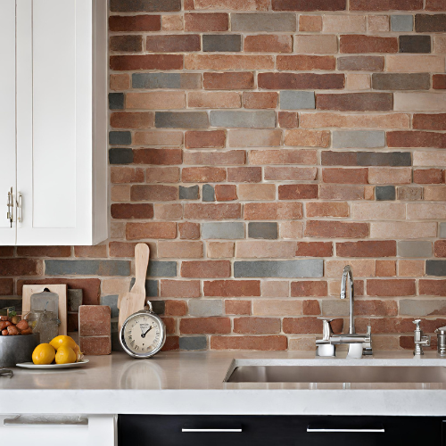Brick tiles used as a backsplash in a kitchen with white counter top