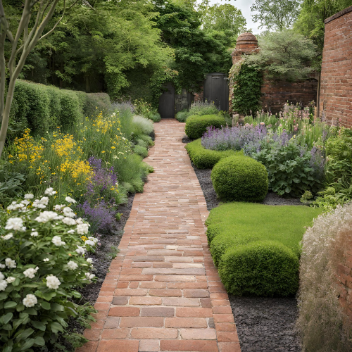 brick pathway through garden with white yellow and purple flowers