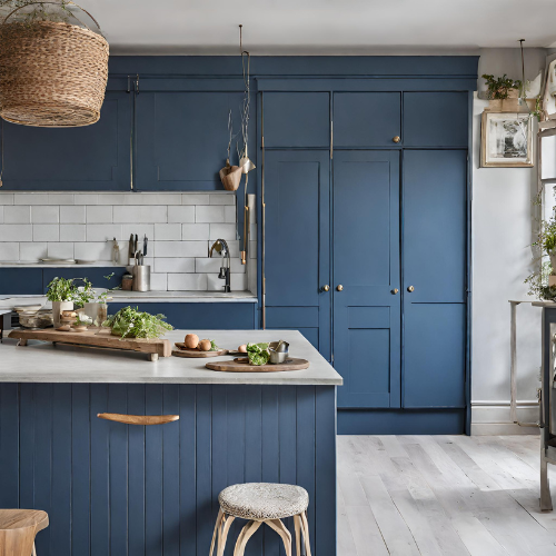Modern kitchen with island with the cupboards painted navy blue