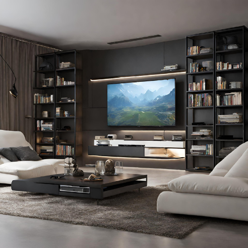Large living room with open metal shelving wall unit. Large TV centered in the middle of wall unit
