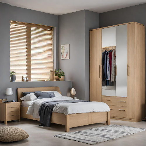 Bedroom with Ready Assembled Bedroom Furniture in wood with grey painted walls
