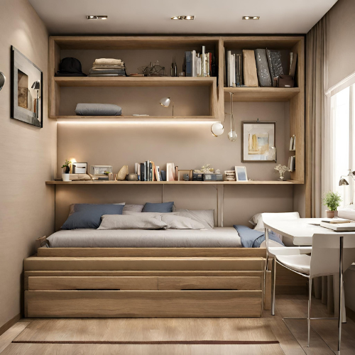 box room bedroom idea showing platform bed with ceiling high storage and a small desk