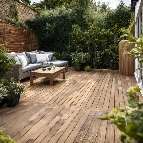 decking with decking oil applied with potted flowers and seating area