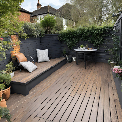 decked area with a raised rear deck.  Paint colour brown on top and grey boarders