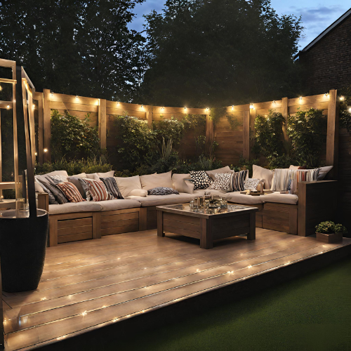 decking lights hung up over decking with seating area creating an outdoor living spaces