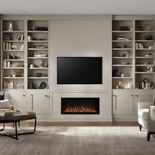 Integrated living room wall units either side of chimney Brest with TV mounted on wall