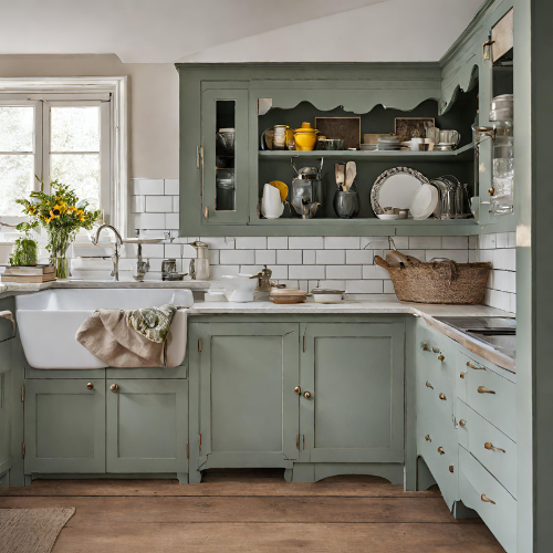 classic style kitchen with kitchen cupboard paint colour being a light shade of green