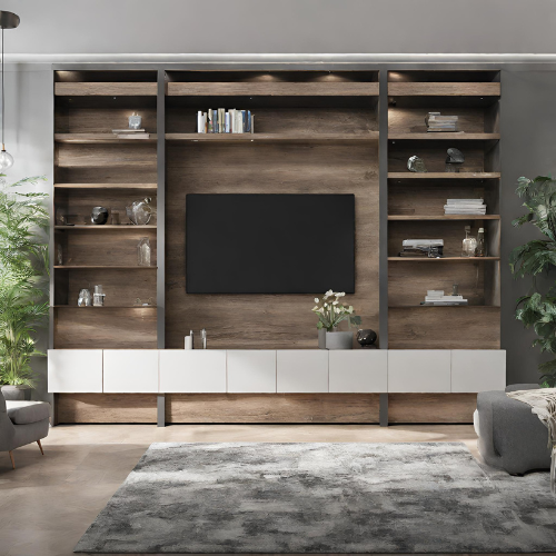 Long shelving style wall unit in living room with grey rug on floor
