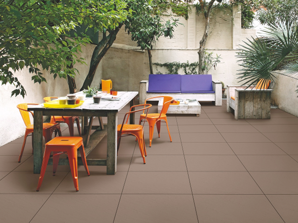 grey porcelain tiles in outdoor seating area