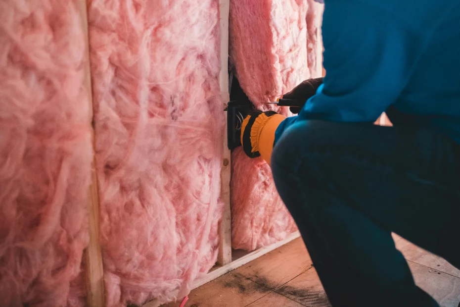 Pink wall insulation being installed