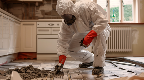 Asbestos tiles being removed by person in hazmat suit demonstrating managing asbestos