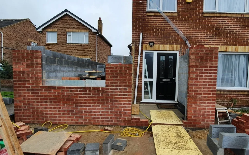 Front of house extension being built.