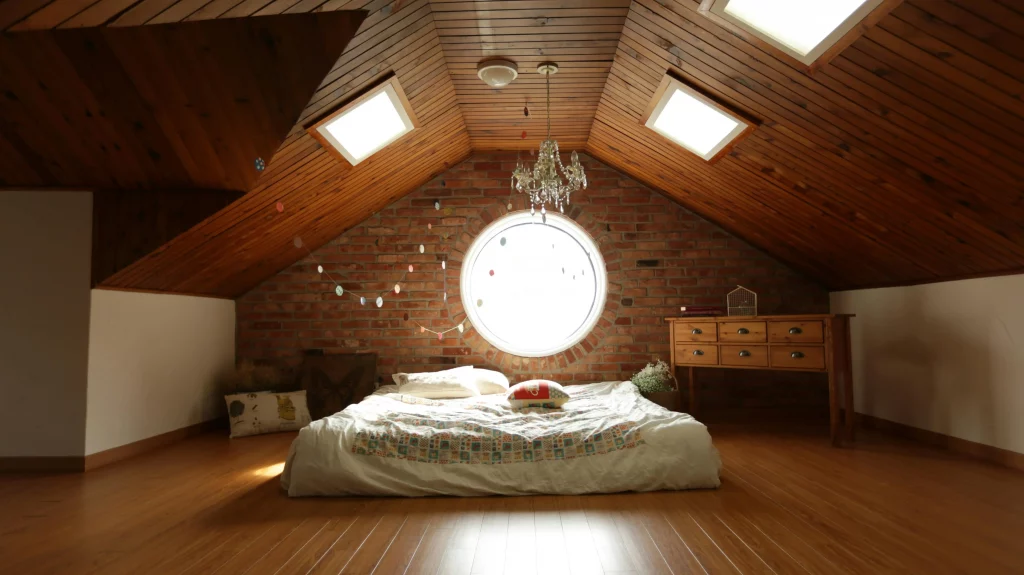 Wooden ceiling with sky lights and circle window illuminating white bed