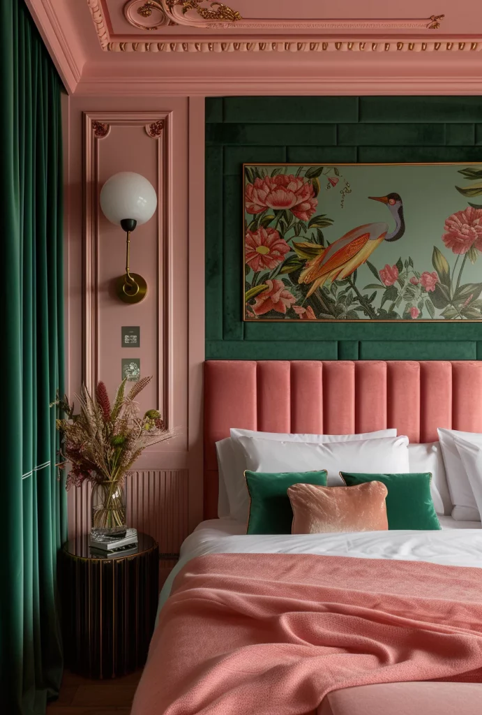 art deco bedroom. Pink and green wall design with pink duvet. 