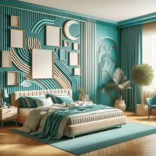 artistic heaven bedroom. Green and gold patterns on wall with matching bedding