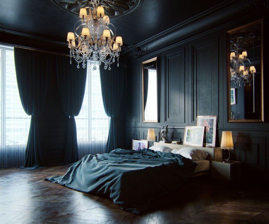 Midnight noir bedroom. Black curtains and wardrobe with a low bed on the ground with black bedding. Dark wood used for flooring.