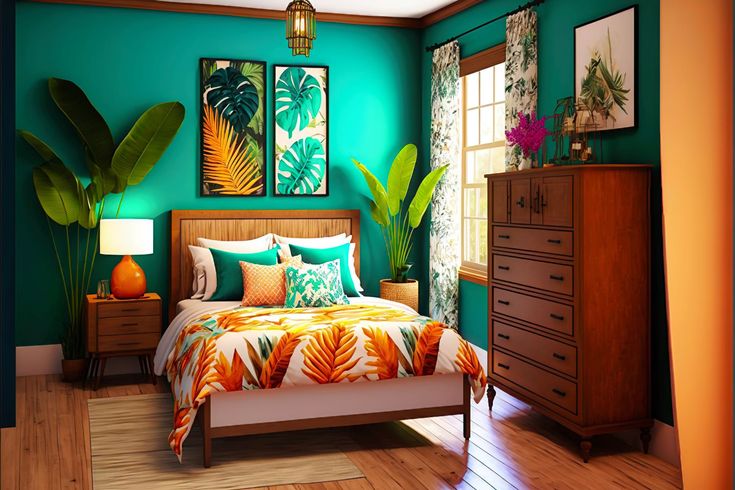 tropical style bedroom. Bold colours of green, orange and red on walls and bedding. Plants around the room
