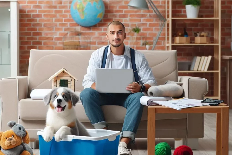 person sat on couch with dog in bucket looking at pet friendly living ideas